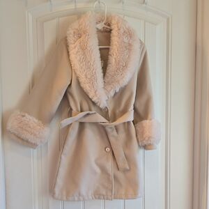 SHEIN Tan Coat with White Faux Fur Trim